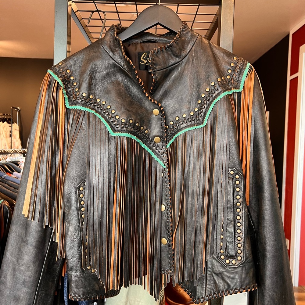 Scully Black Leather Fringe Jacket with Turquoise Trim